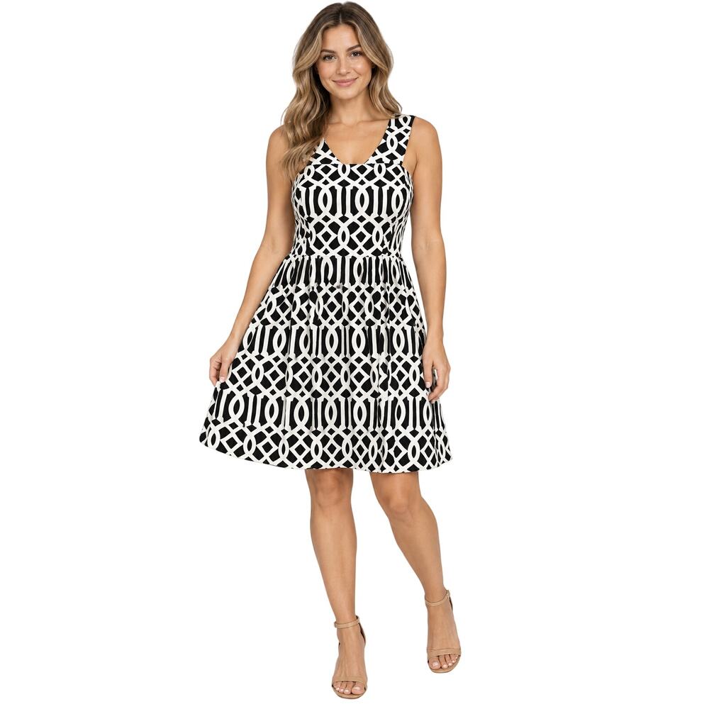 Mud pie sz XS Canvas knit black white geometric strappy summer flare dress EUC
